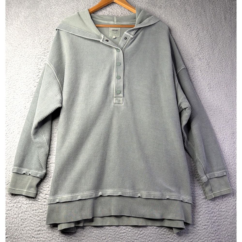 Aerie Henley Hoodie Womens Size Large Green Oversized Buttons Aerie Henley